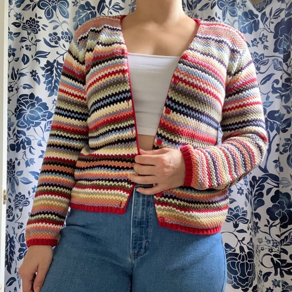 Vintage Sweaters - Vtg Rainbow Stripe Handmade Cardigan